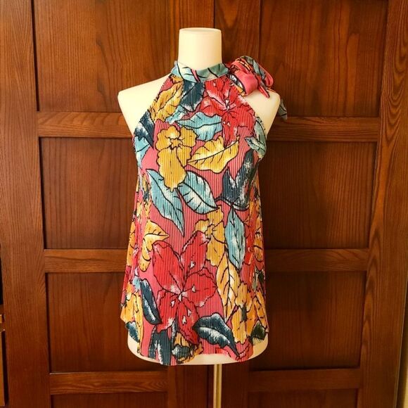 Maeve Accordian Pleat Floral Sleeveless Blouse with Neck Tie Small - Picture 1 of 6